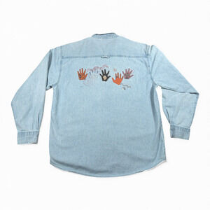 Vintage Native American Art Shirt Adult LARGE Blue Chambray Southwest Tribal 90s
